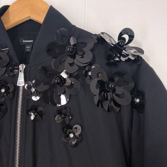 Express Bomber Jacket Floral Embellished Oversized Ruched Sleeves Size XS Black - Picture 6 of 16